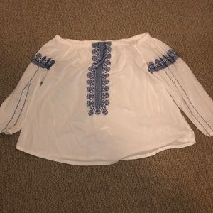 Madewell off the shoulder blue and white boho top